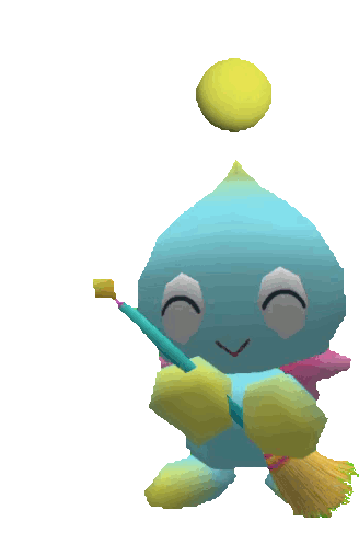 A gif of a Chao (a small alien pet), from the game Sonic Adventure, sweeping.
